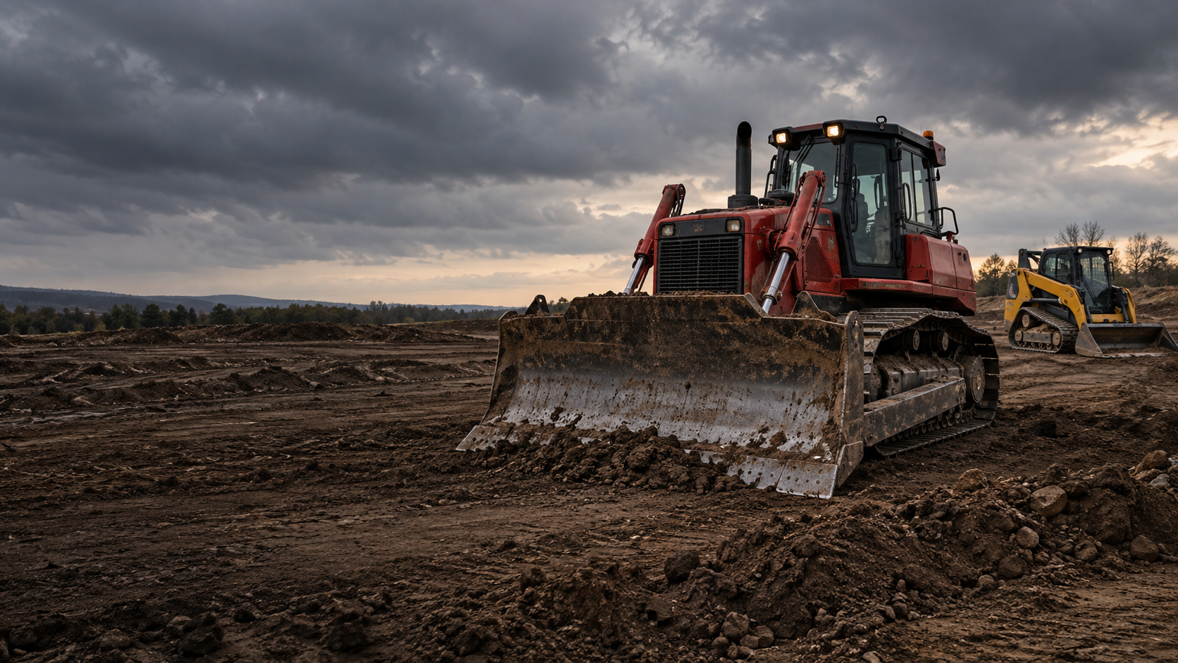 Illustrative scene of a red dozer and a skid steer on a dirt site